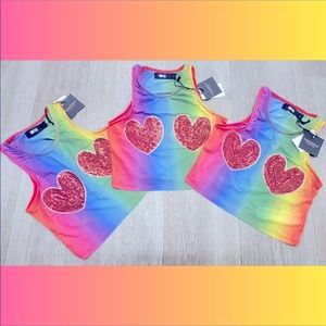 🎀🌈 Iron Fist SomeWhere Over Mesh Crop Top NWT rainbow Sequin Hearts PRIDE